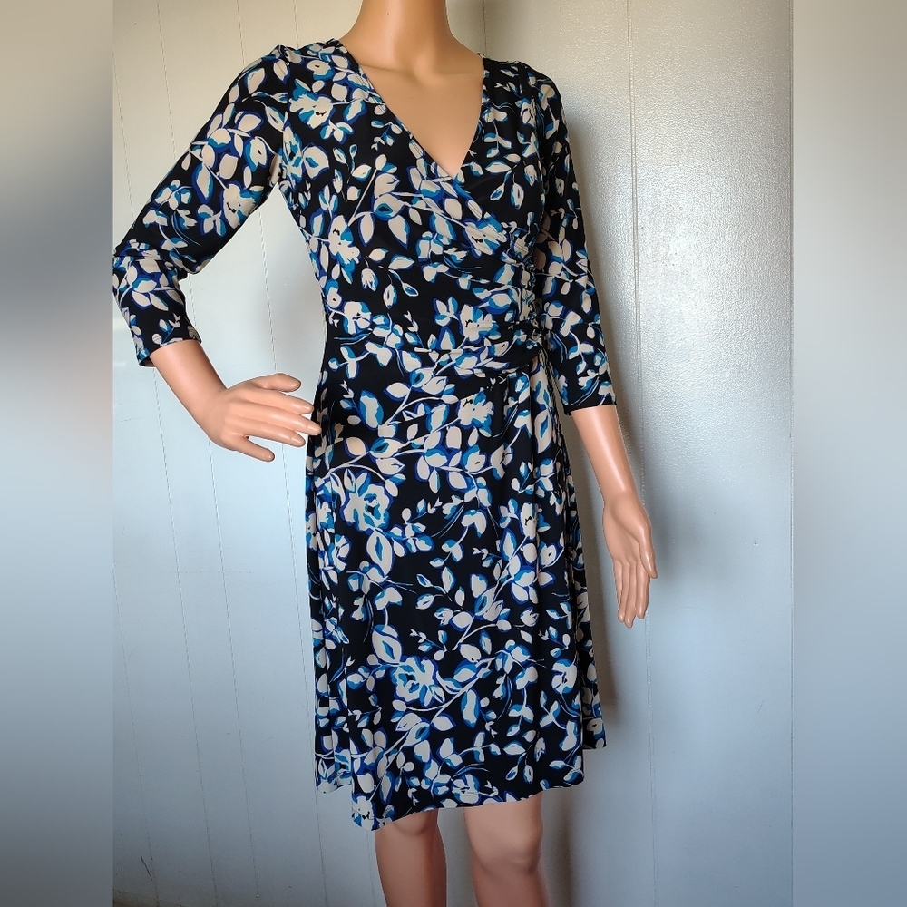 Evan Picone Floral Faux Wrap Dress - Blue and Black Size 4P